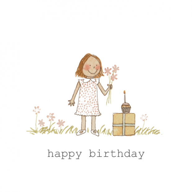Happy Birthday Girl Flowers Presnt Cake Watercolor painting