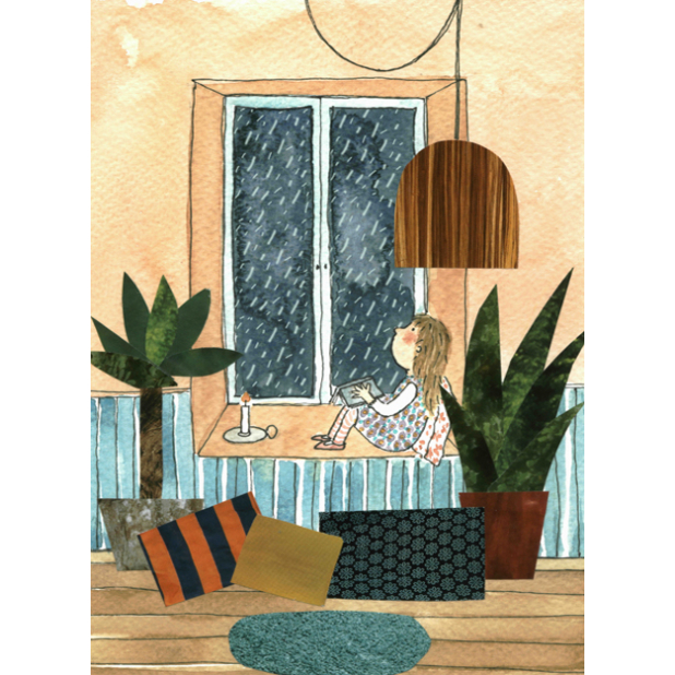 window girl rain reading cozy plants indoors