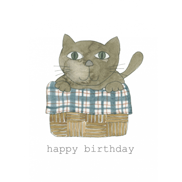 Happy Birthday Cat Basket Watercolor painting