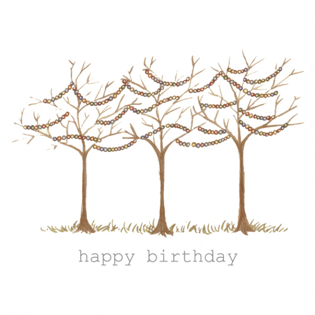 Happy Birthday Bare Trees Fairy Lights Watercolor painting