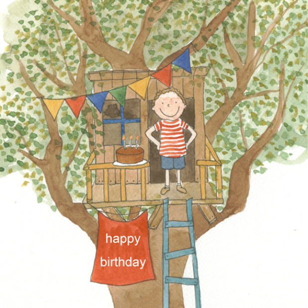 Happy Birthday Boy Tree House Watercolor painting