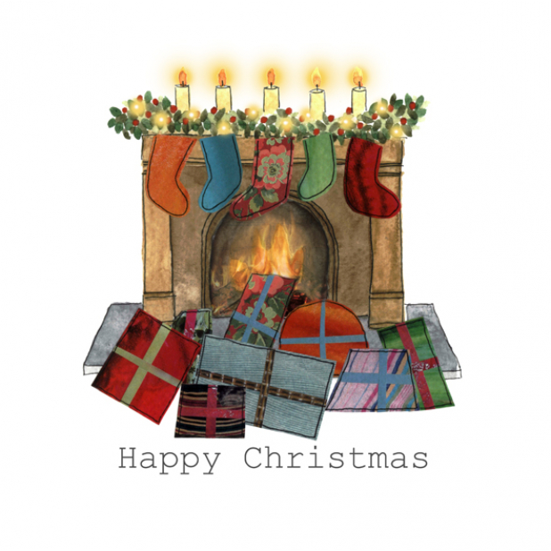 Christmas card, fireplace, presents, stockings, Merry Christmas