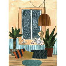 window girl rain reading cozy plants indoors
