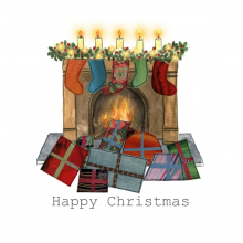 Christmas card, fireplace, presents, stockings, Merry Christmas